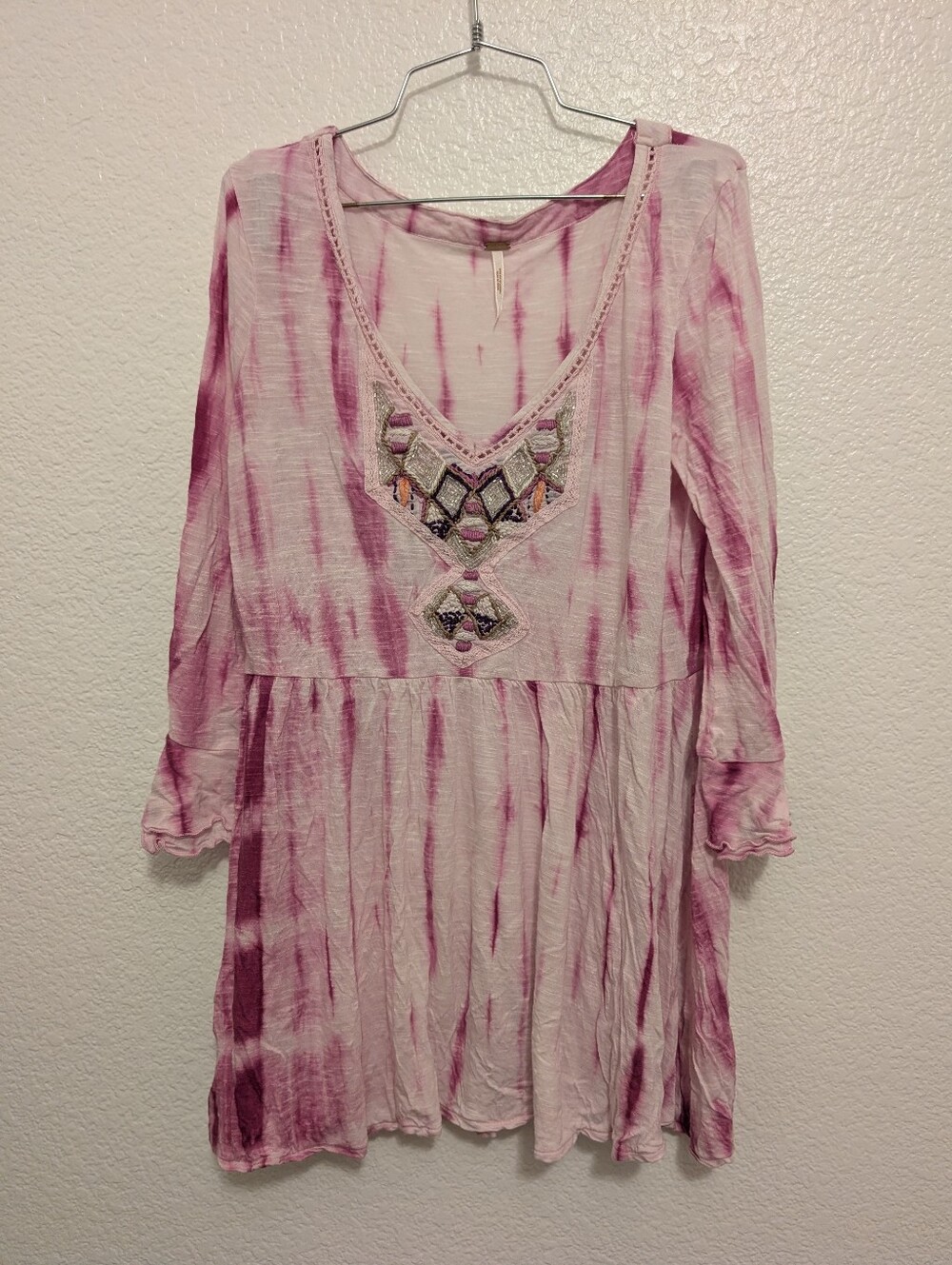 Free People Sun Up Breaded Tie Dye Ombre Pink Mini Dress